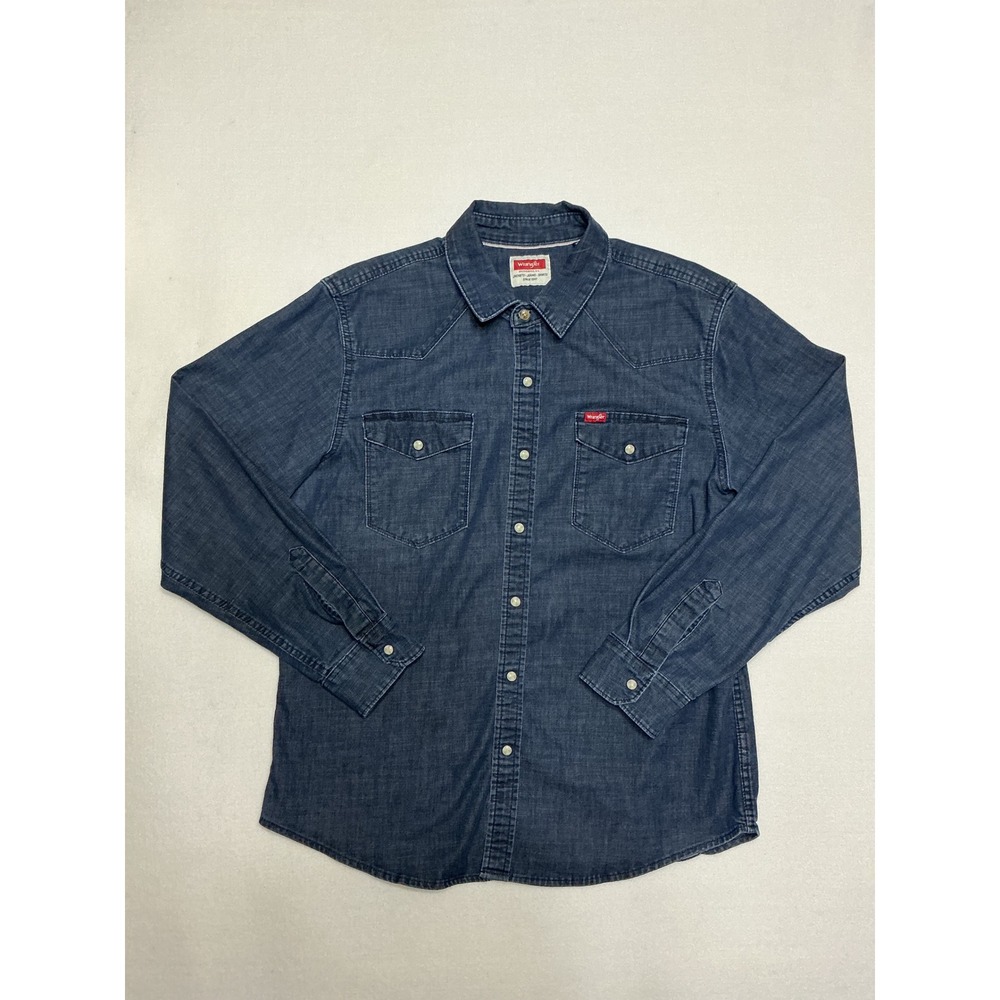 Wrangler Mens Large Denim Western Shirt Pearl Snap Long Sleeve Cowboy Blue